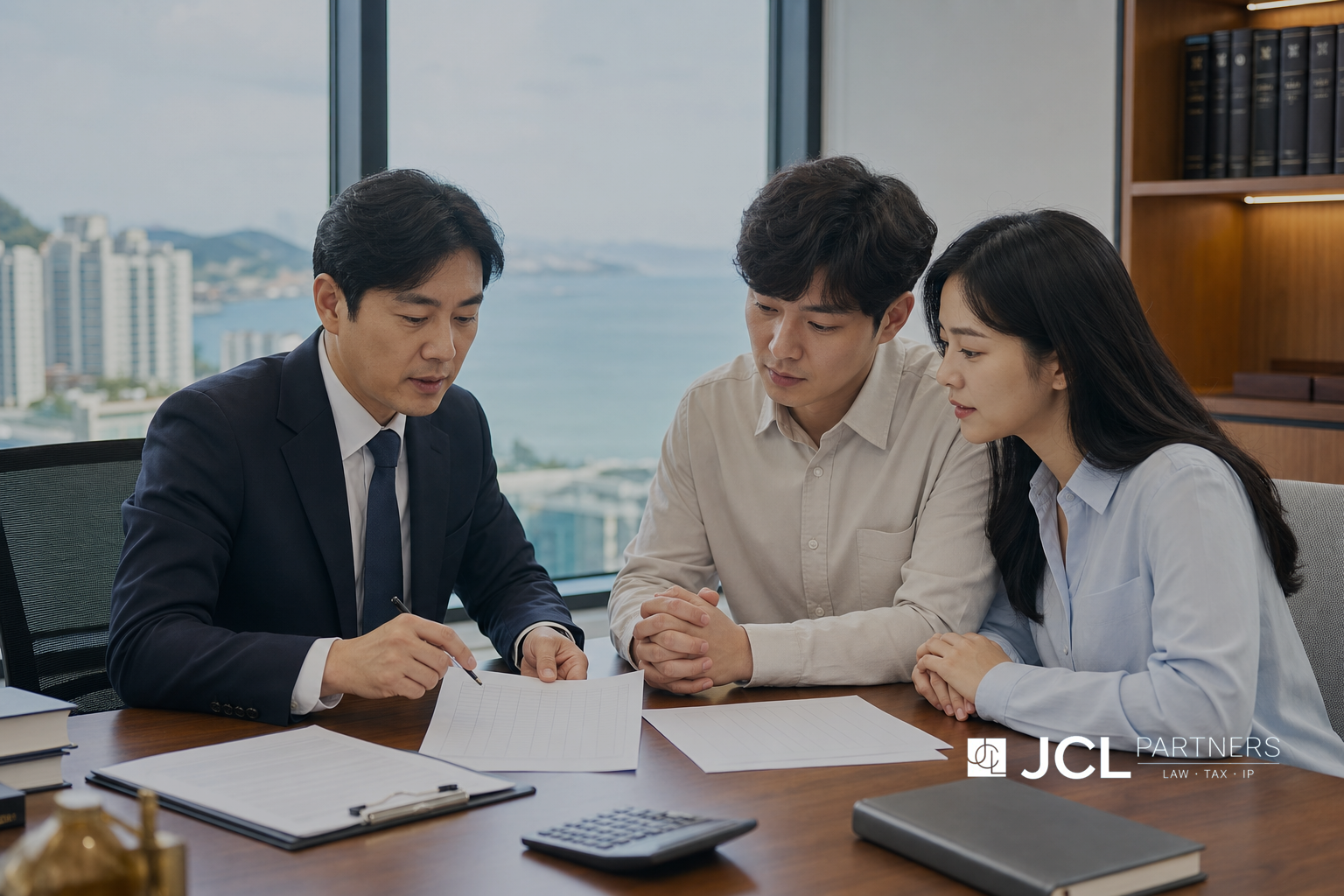 해안 아파트 분양계약서와 중도금 대출 자료를 검토하는 법률 상담 장면