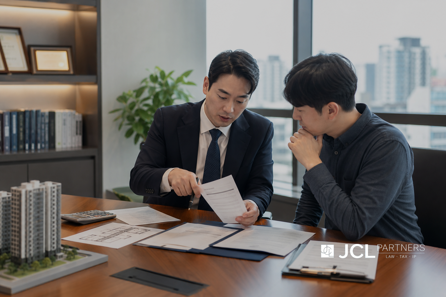 중도금 대출 거절 통지와 분양계약서를 검토하는 법률 상담 장면
